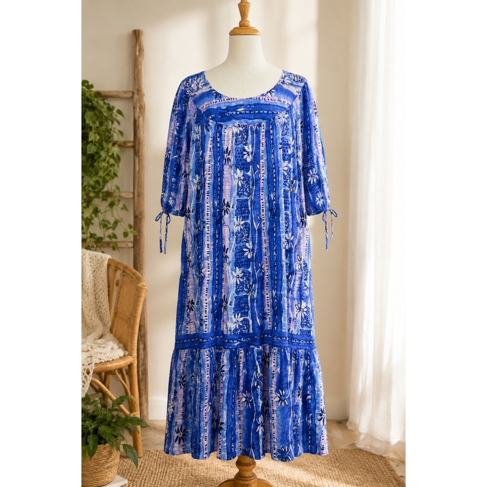Blue Floral House Dress Oversized Midi Boho Cottagecore Muumuu Lagenlook Plus